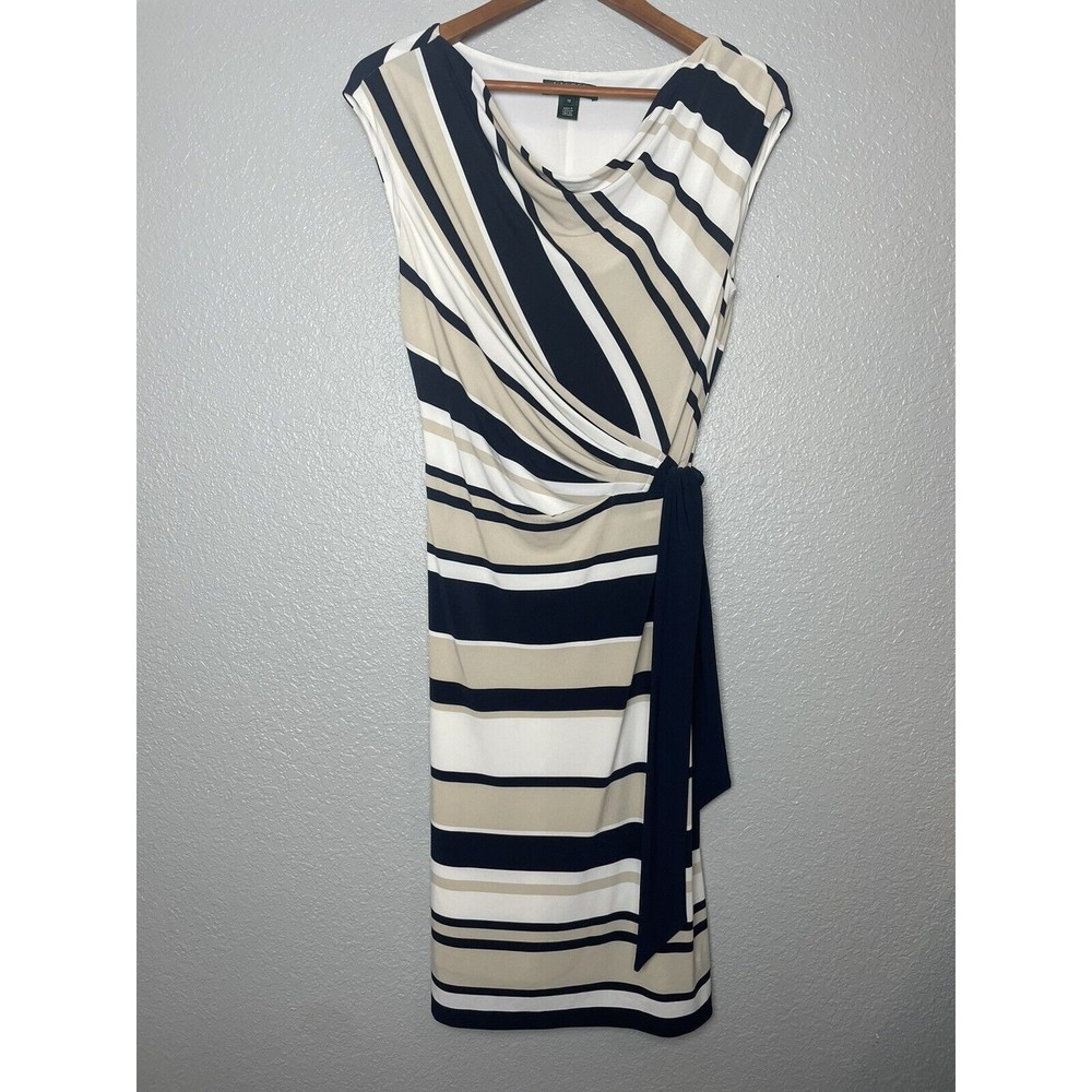 Ralph Lauren Women's Sleeveless Faux Wrap Draped Cowl Neck Striped Dress Sz 10